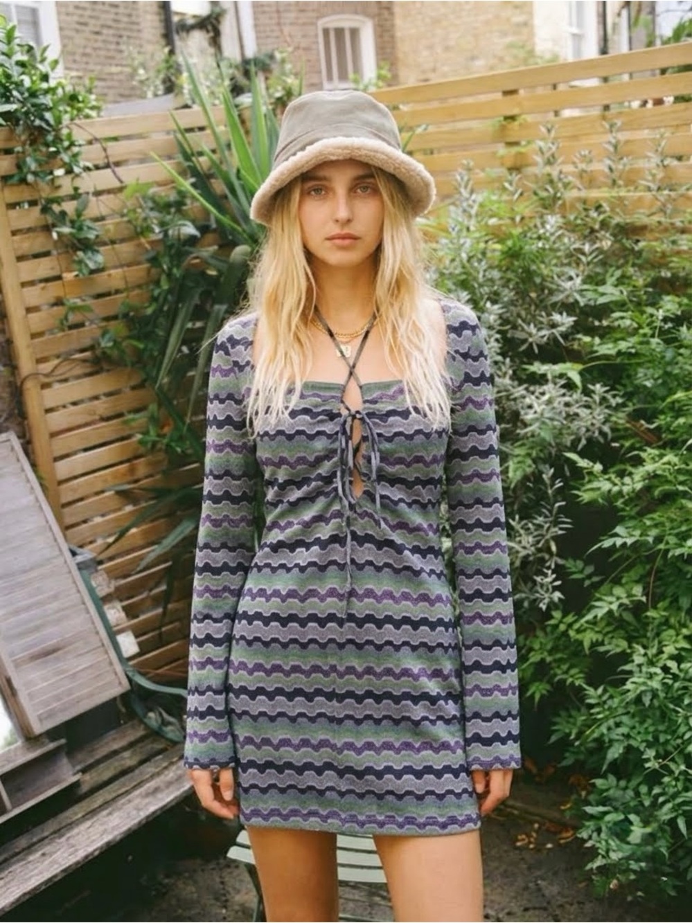 ZARA Metallic ZigZag Lace Up Cutout Mini Dress Retro Chevron Shimmer Purple S